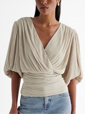 Express Pleated Draped V Neck Puff Sleeve Faux Wrap-Style Blouse NWT